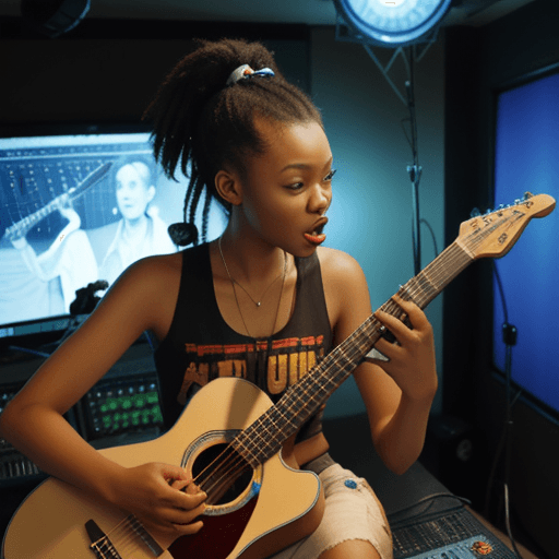 AI generated: ratchet lombax singing playing guitar in a recording studio