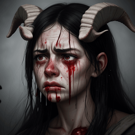AI generated: realistic epic, Woman crying with (goat horns 1.2) , sad look, deeply sad facial expression, red and...