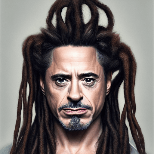AI generated: canon shot 8k portrait photograph of Robert Downey jr. with dreadlock bun, in the style of stefan ko...