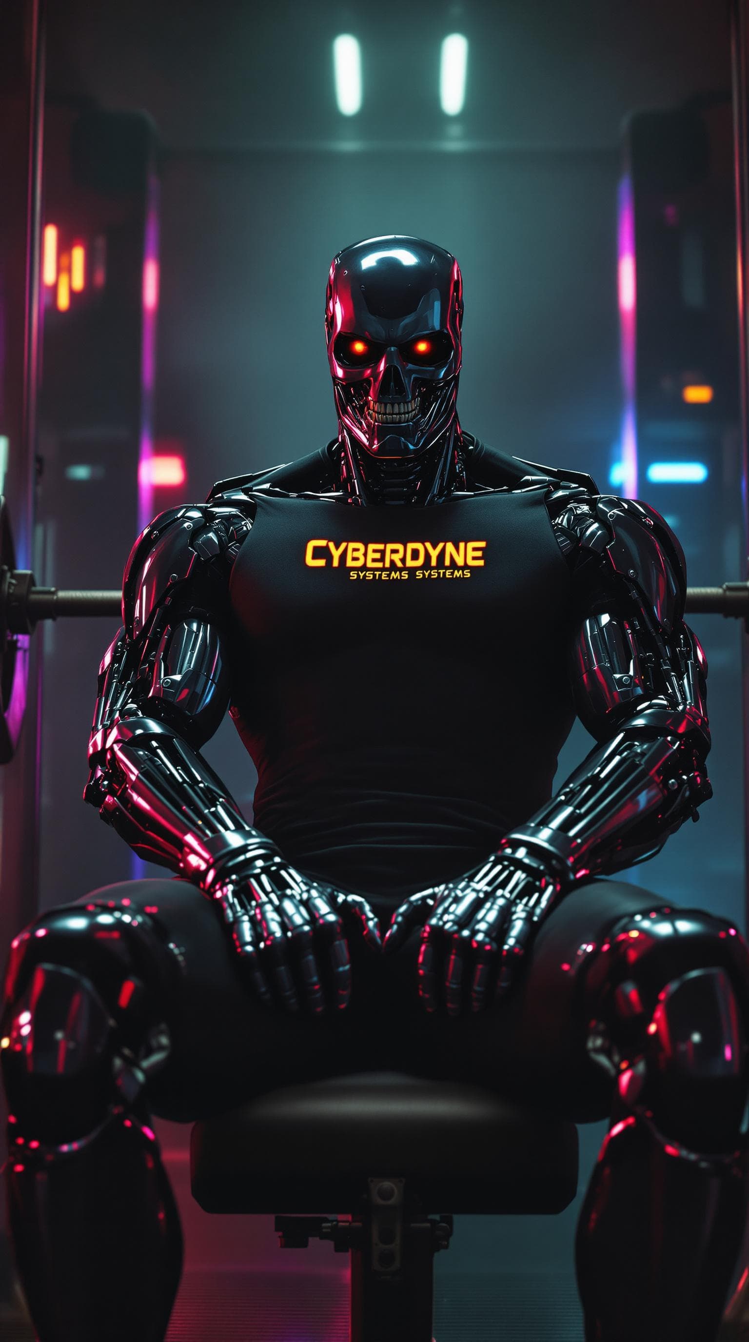 AI generated: A hyperrealistic 1980s-style cinematic scene showing the Terminator from The Terminator movie seated...