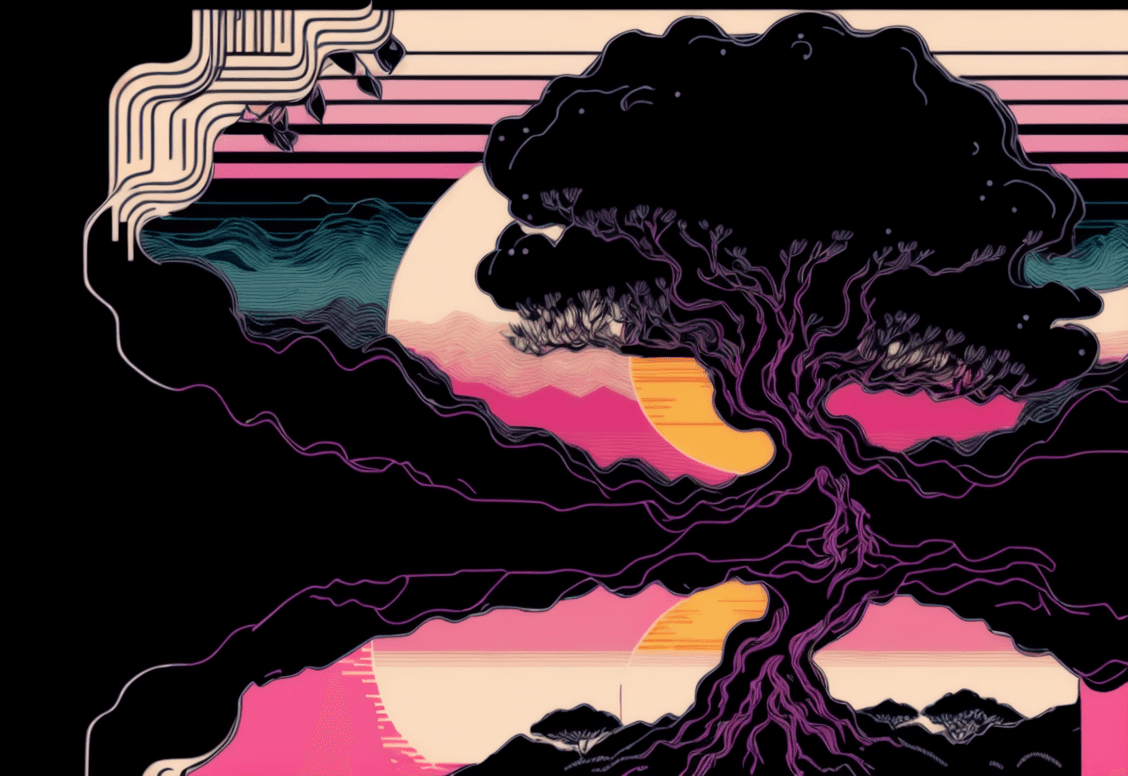 AI generated: single continuous line retro graphic design of a synth wave tree in front of a minimalist (sunset):1...
