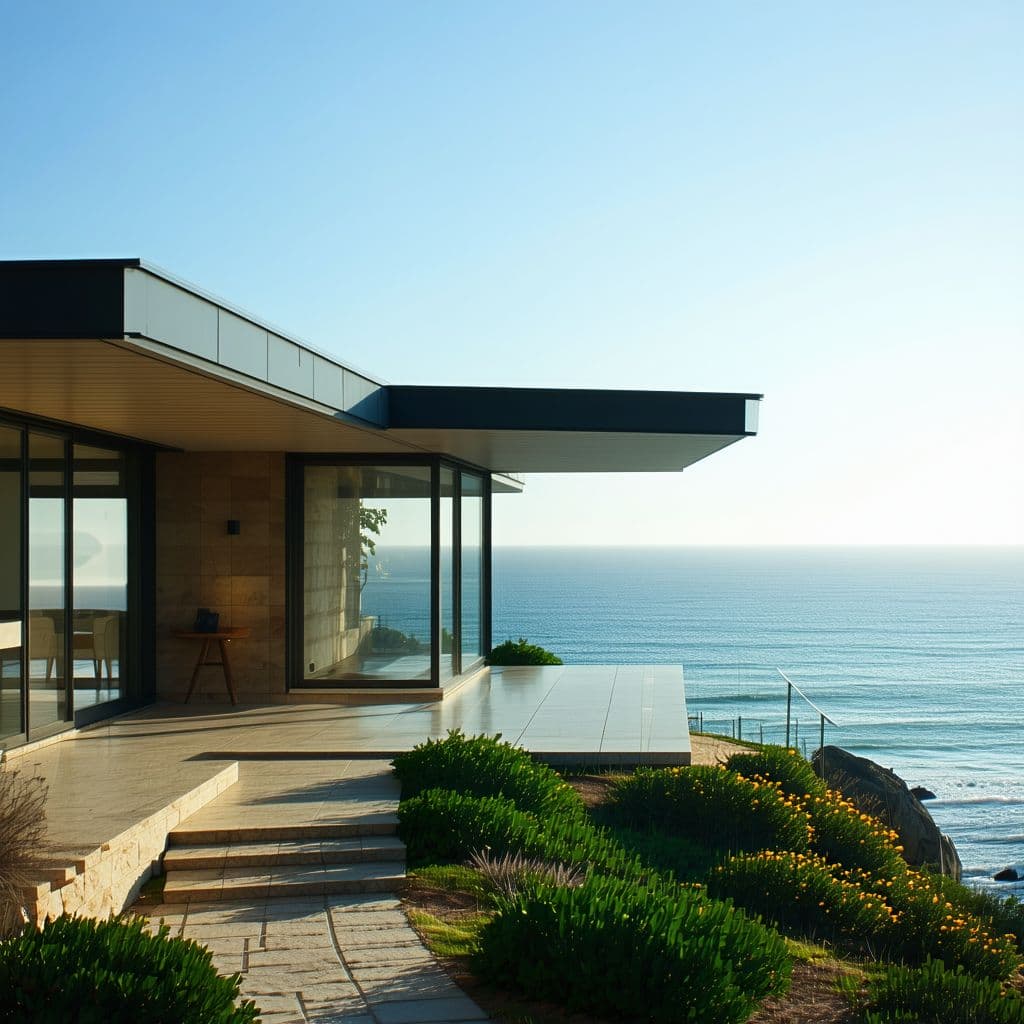 AI generated: Hyper realistic eye level exterior photo of a mid century modern style house overlooking the ocean, ...