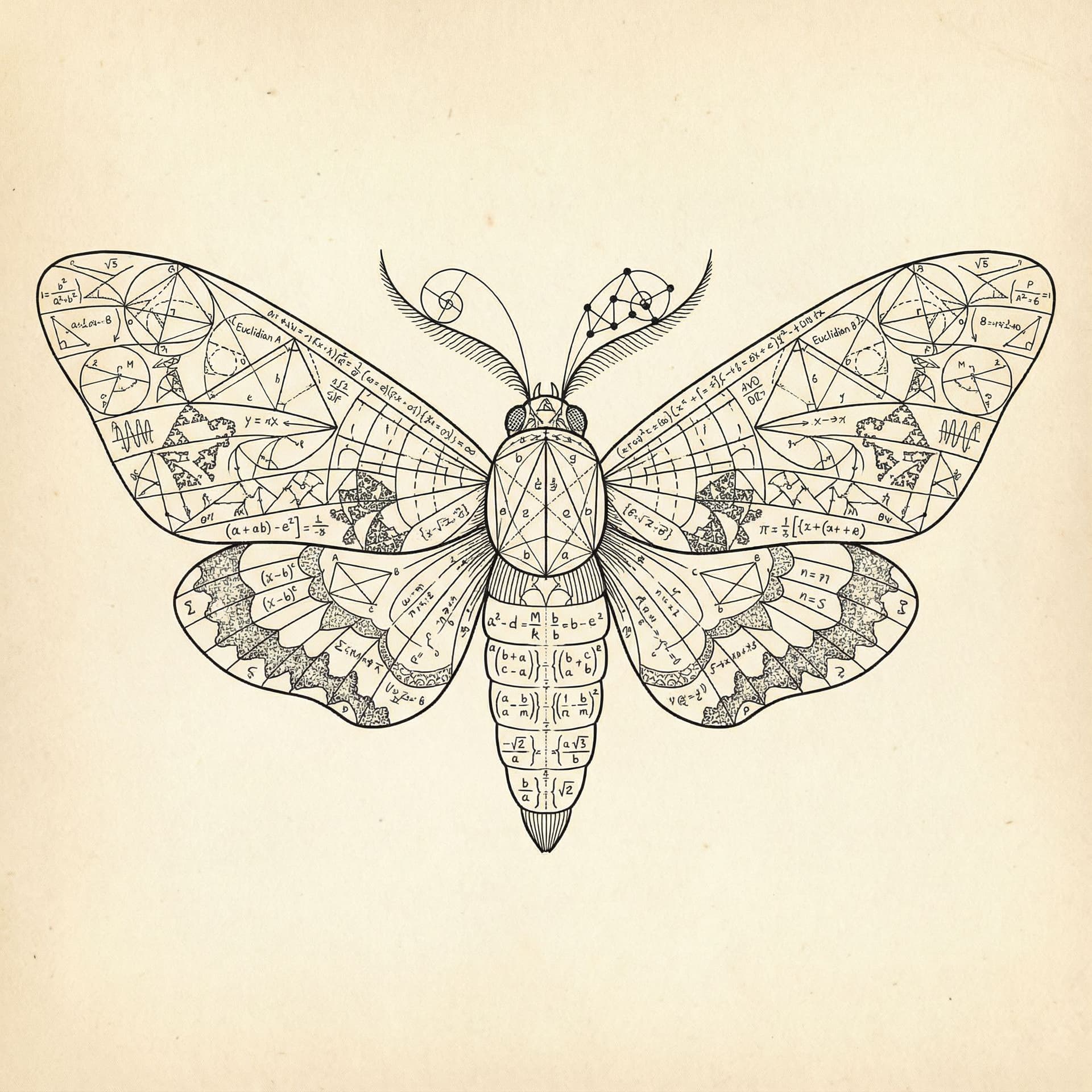 AI generated: Line drawing of a moth made from mathematical symbols and geometric diagrams, a symmetrical design, ...