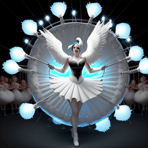AI generated: a cartoon style image of a large white swan holding drum beaters, stood playing a large drum, surrou...