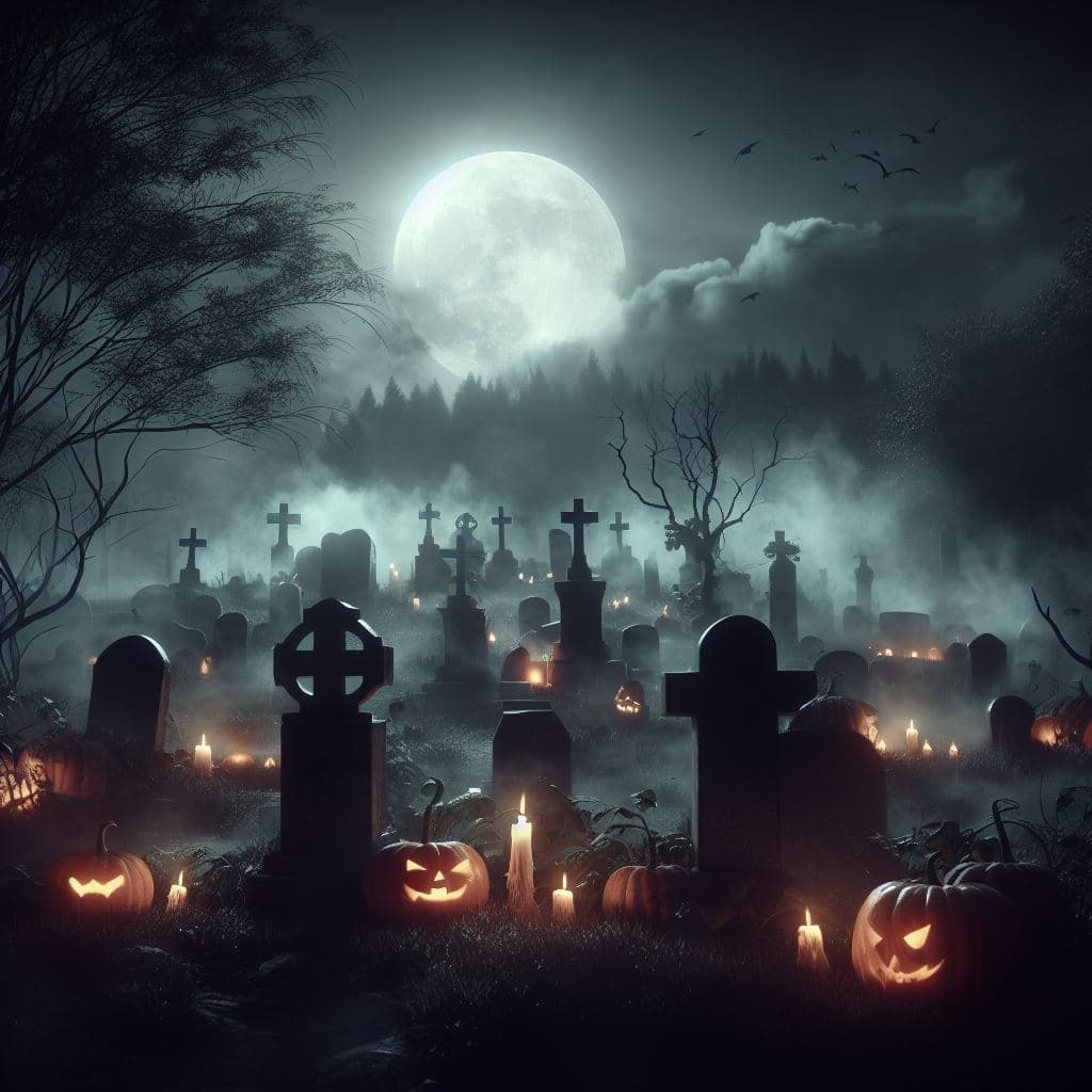 AI generated: Creepy picture of a cemetery in the fog .It's gloomy but the full moon shines on the graves.There ar...