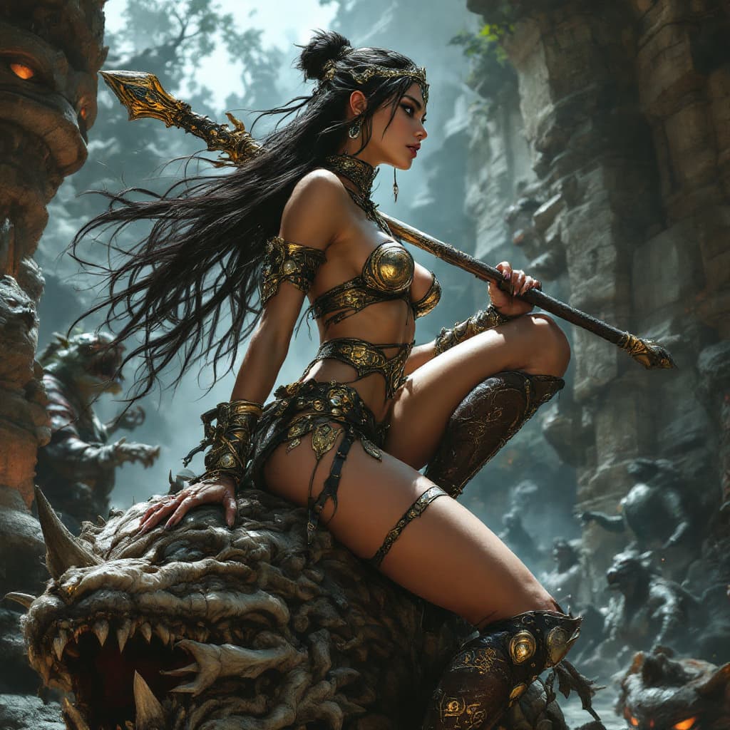 AI generated: Full body shot side view of young beautiful women warrior queen-pirat in an exquisite costume with m...