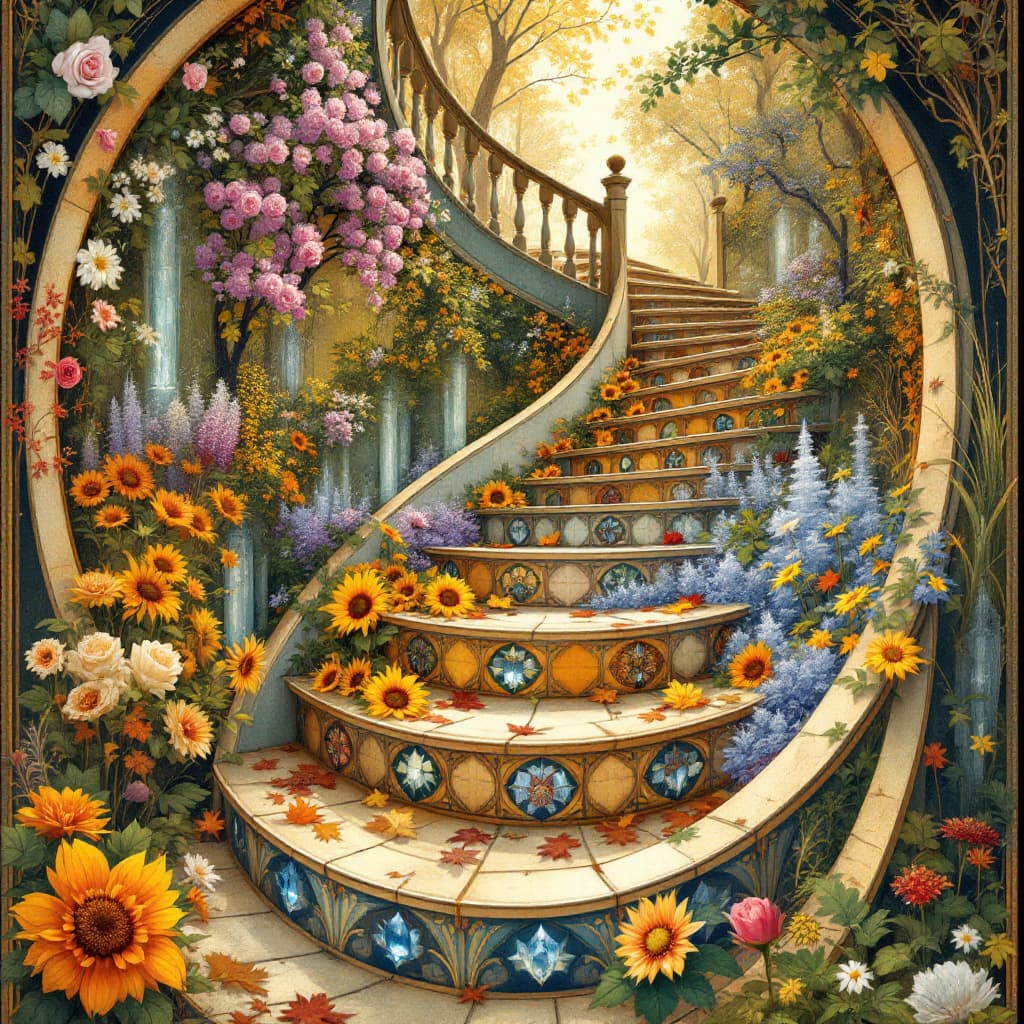 AI generated: Design a spiraling staircase where each step transforms into a seasonal vignette. Spring steps are a...
