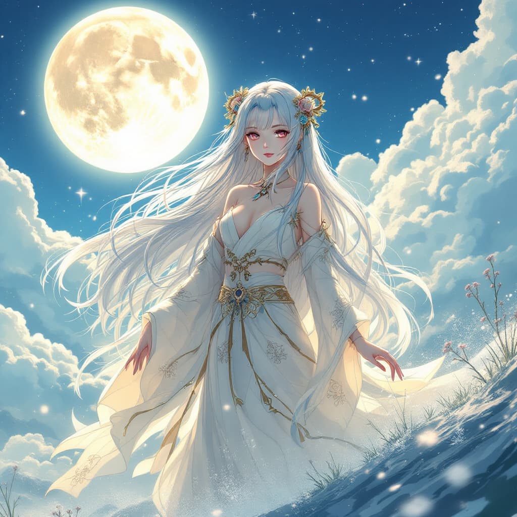 AI generated: a Japanese animated girl that is a moon god that has very long hair.


