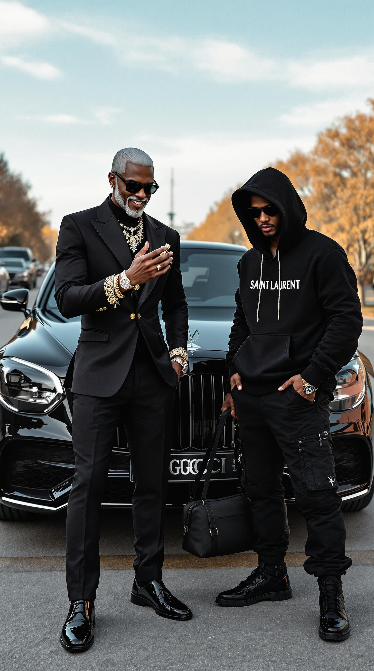 AI generated: A sleek silver fox-headed man, dressed in a custom Gucci suit with subtle golden details, smirks whi...