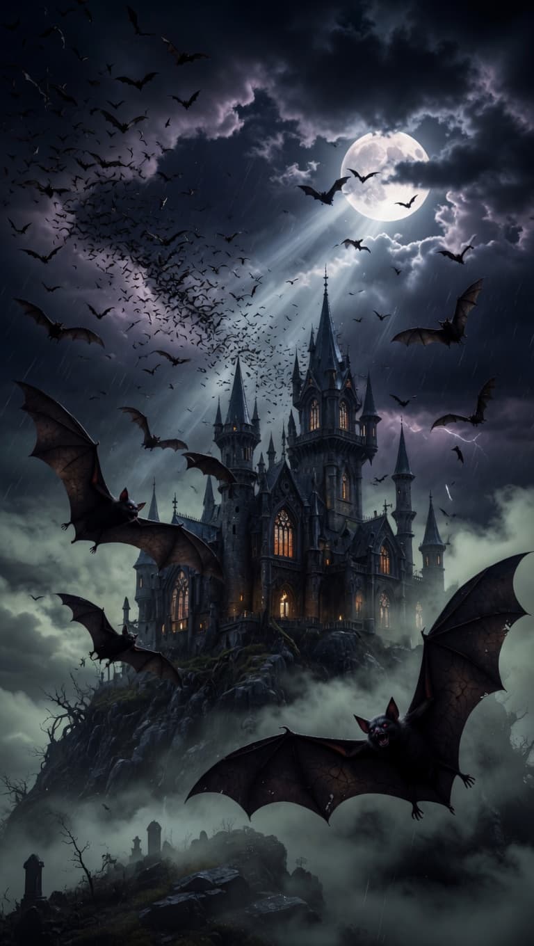 AI generated: A massive swarm of bats flying across a dark stormy night sky above a towering gothic castle, full m...