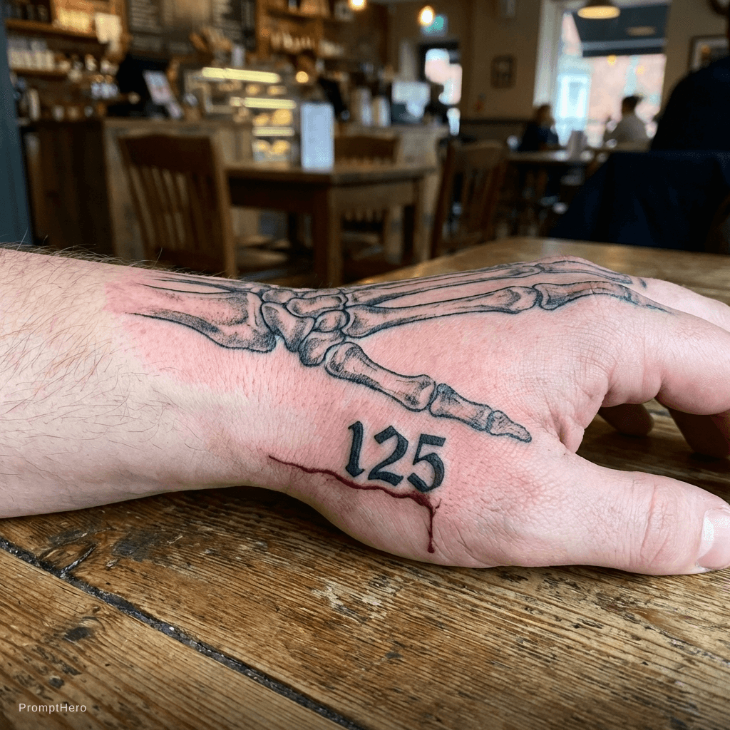 AI generated: hand tattoo, skeleton hand and finger bones on wrist the number 125 with a line of blood under it le...