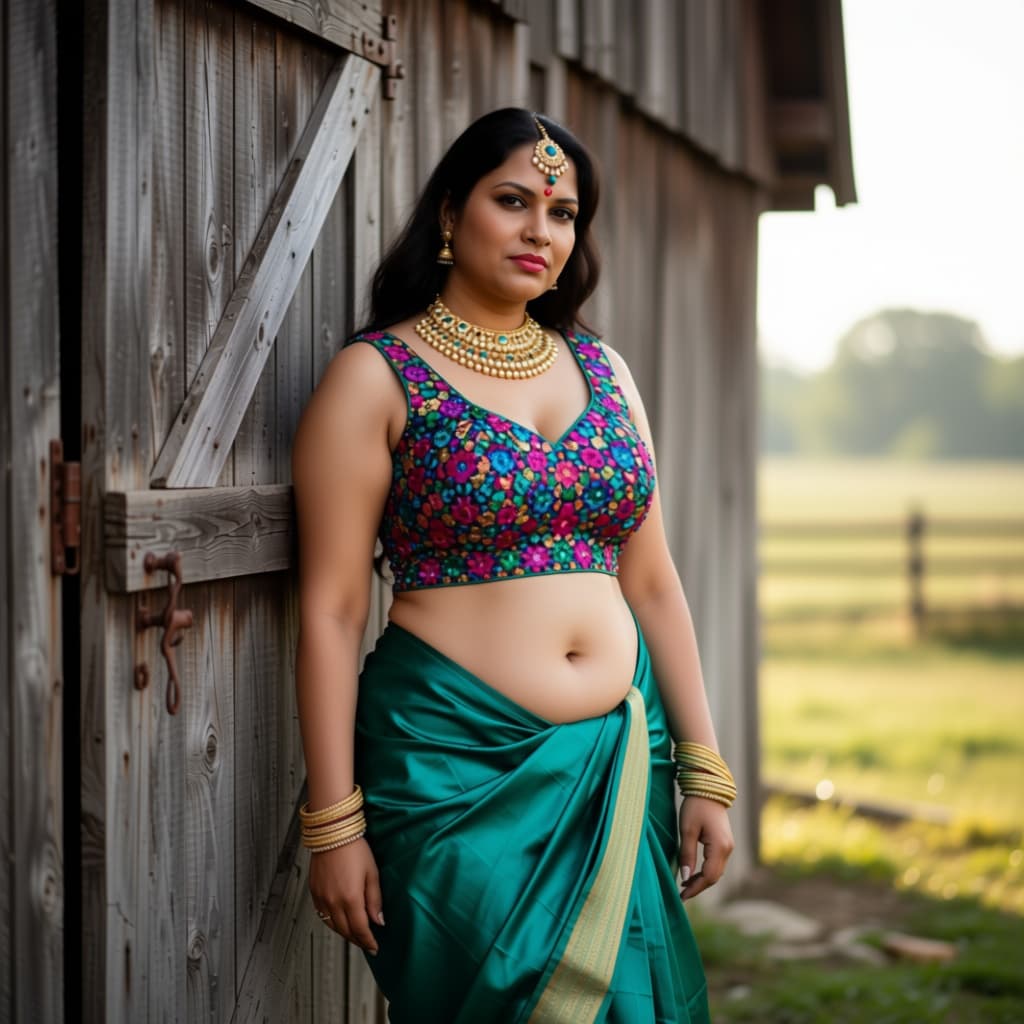 AI generated: An artistic full-length portrait of a fair, full-figured Indian wife standing near a rustic barn. Sh...