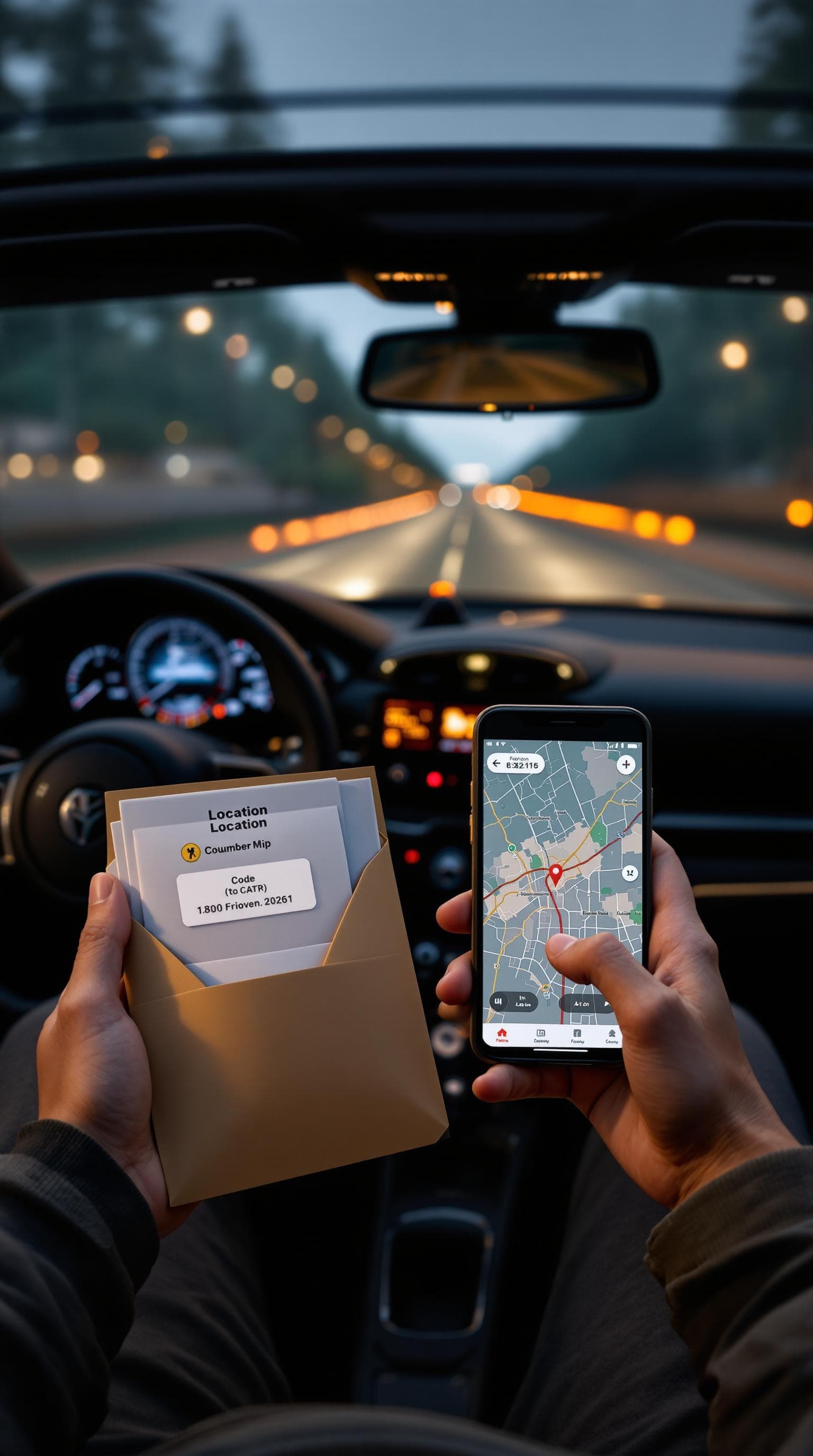 AI generated: "First-person perspective of a person sitting in a luxury sports car, holding a sealed envelope in o...