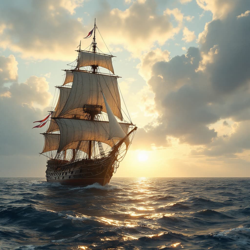 AI generated: Photo of a ultra realistic sailing ship, dramatic light, pale sunrise, cinematic lighting, battered,...