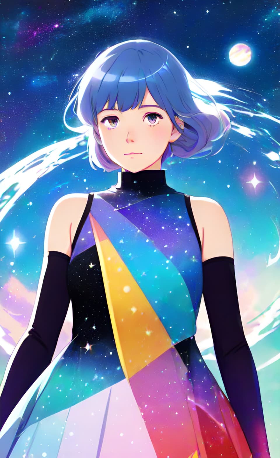 AI generated: a close up of a person wearing a dress, concept art, inspired by Pearl Frush, tumblr, space art, cut...