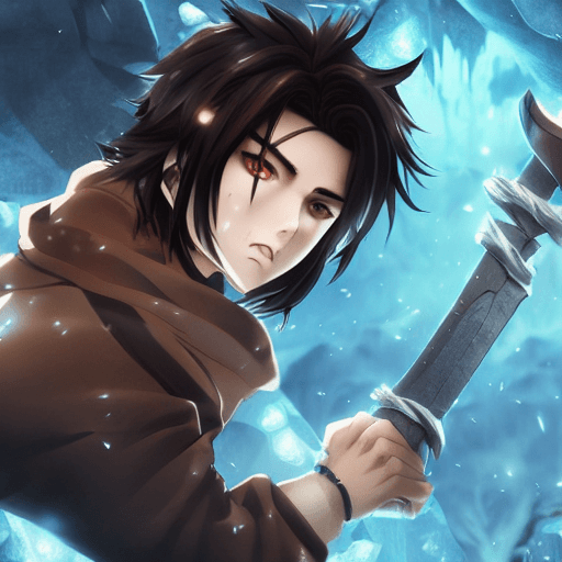 AI generated: anime style boy in magical ice cave, symetrical face, dark brown hair, gorgeous eyes, face visible, ...