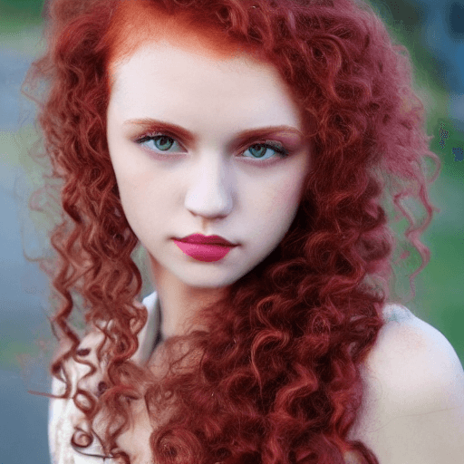 AI generated: red hair, purple eyes, curly hair, girl, european face, green dress