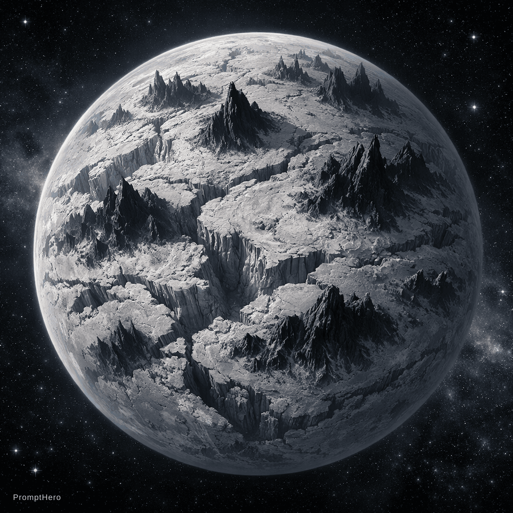 AI generated: a light grey planet with lots of deep canyons scattered all over its surface as well as tall black m...
