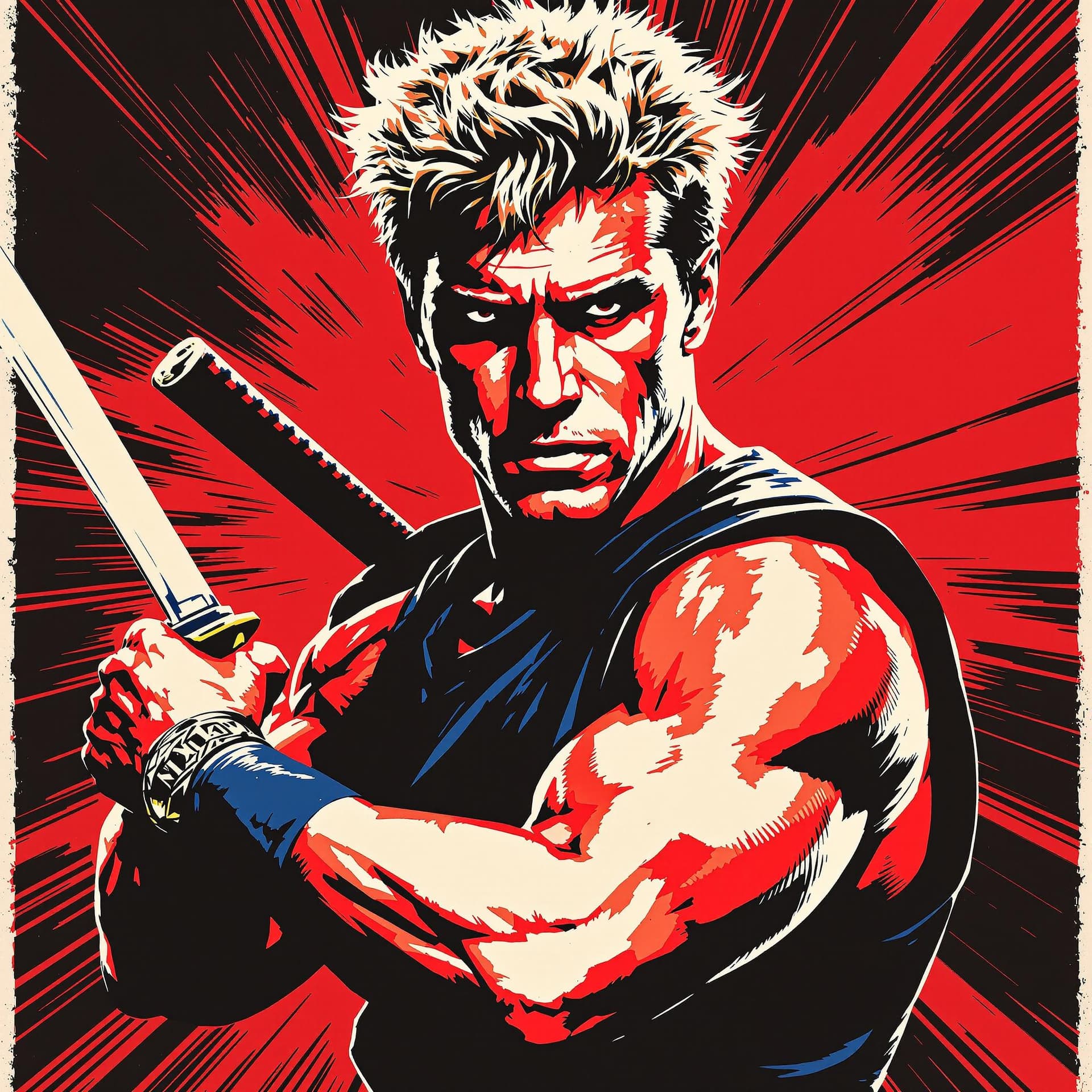 AI generated: Create a stylized, iconic portrait of Michael Dudikoff from American Ninja. The artwork should be in...