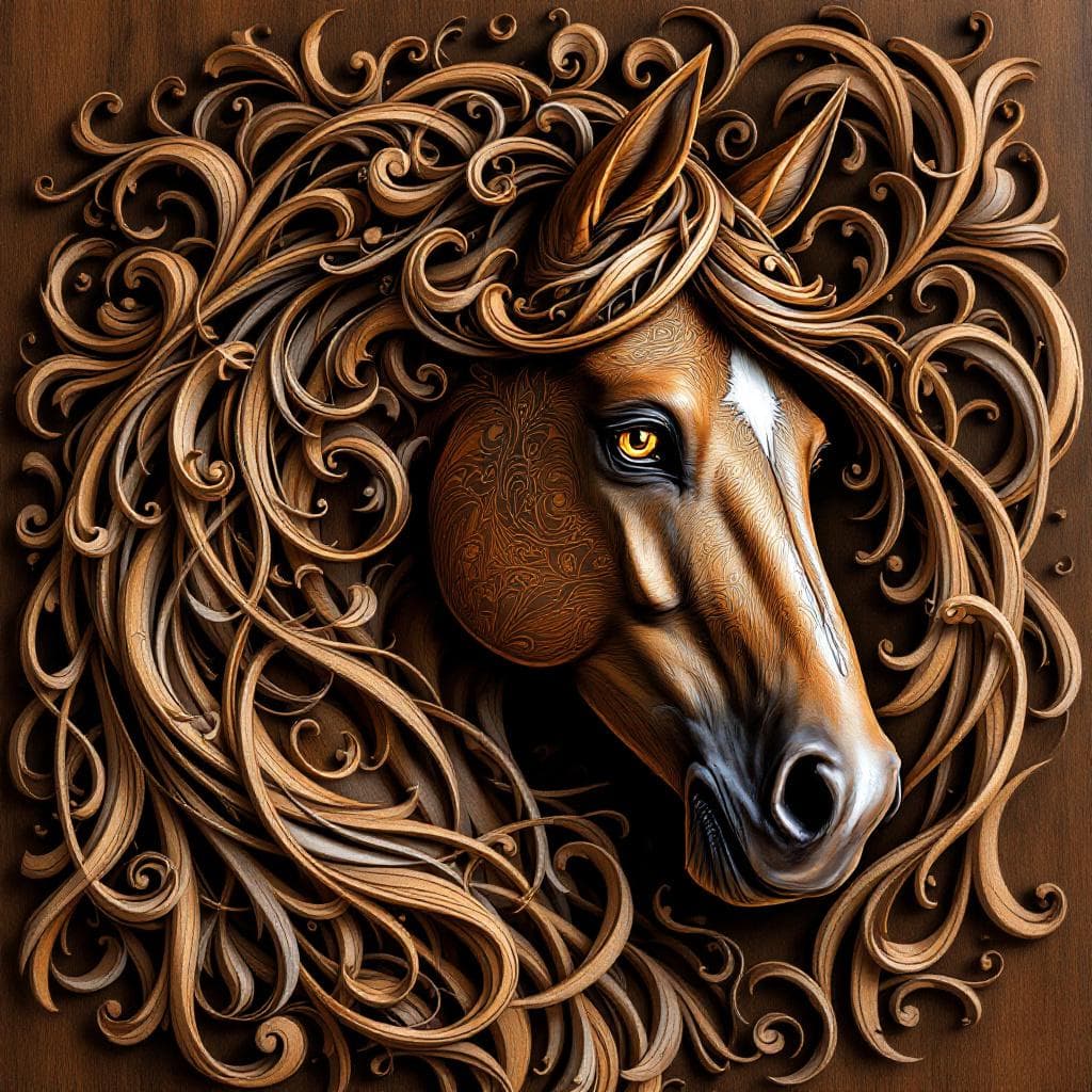 AI generated: Prompt: 3D laser engraved surrealistic portrait of a majestic horse with flowing mane made of ornate...