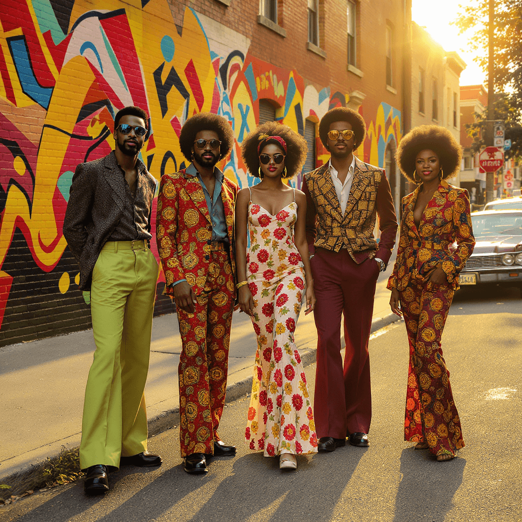 AI generated: A vibrant street scene from the 1970s featuring African American men and women dressed in iconic fas...
