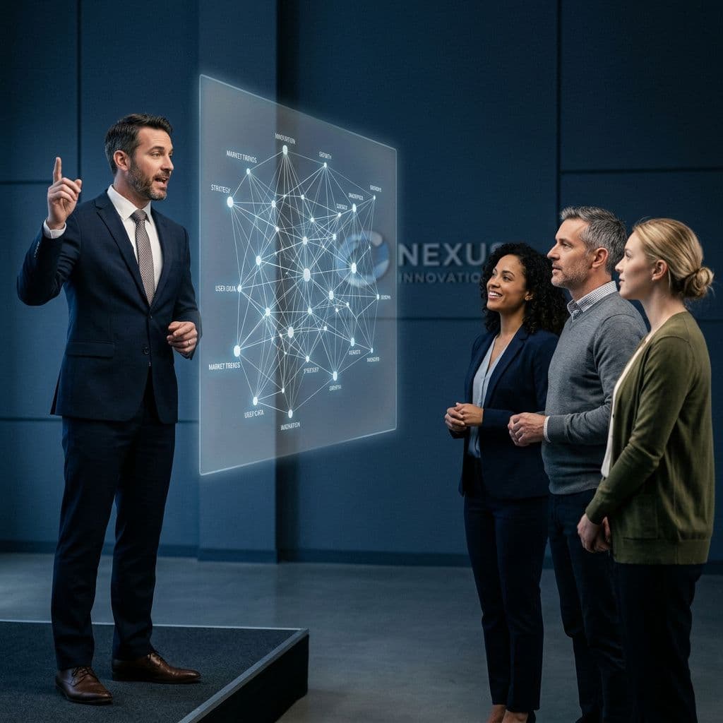 AI generated: A cinematic, realistic photo of a business presentation scene with four real people against a dark b...