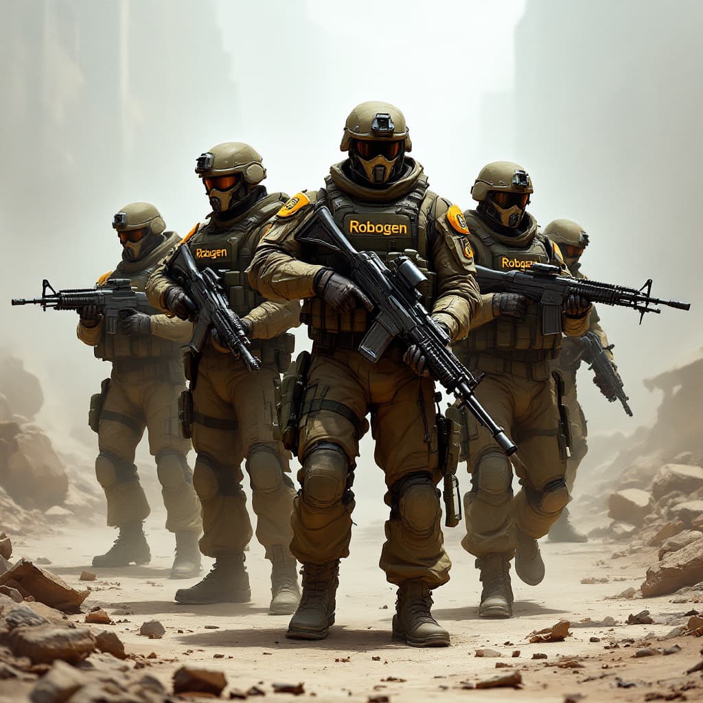 AI generated: Create the image of five soldiers in full combat gear, each holding a machine gun. The inscription “...