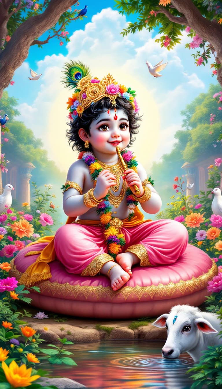 AI generated: "A divine, ultra-HD 8K vertical digital painting of baby Lord Krishna sitting on a decorative cylind...
