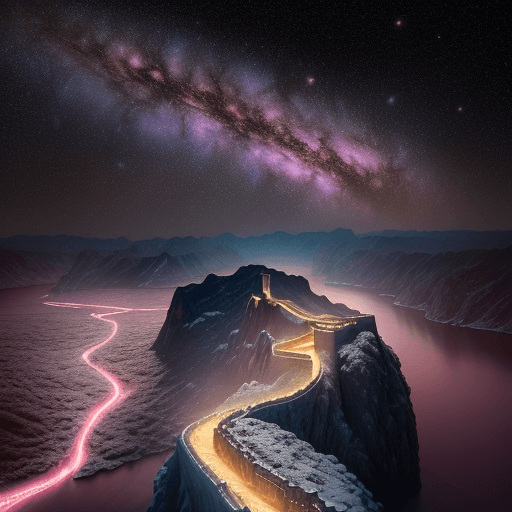 AI generated: This is a surreal and complex cg rendering at night, the light pink sky covers the great falls on th...