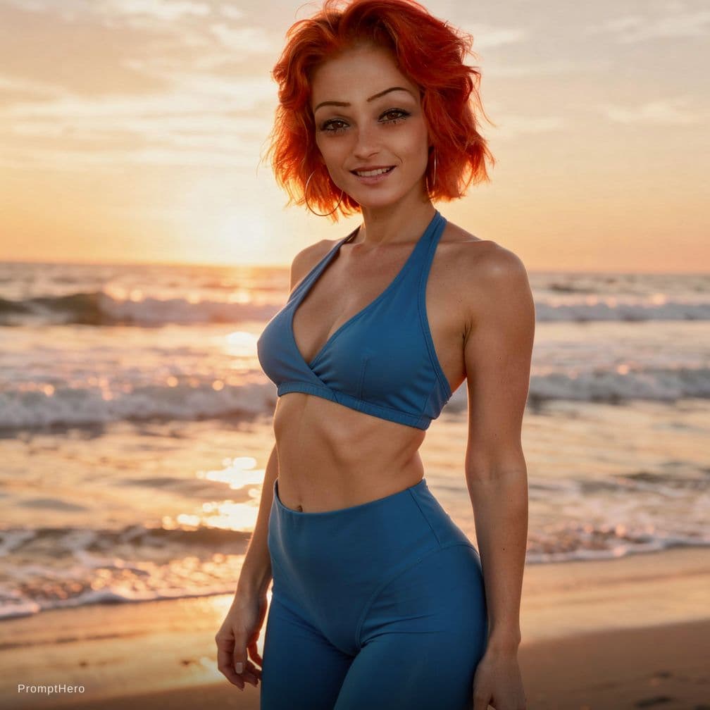 AI generated: Victoria's secret model look but natural photo of me in a silk blue two piece bathing suit in a sun ...