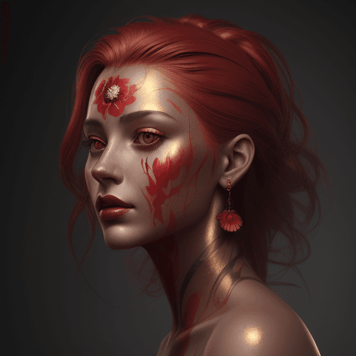 AI generated: the woman's face was painted with golden red, in the style of nature-inspired compositions, dark gra...