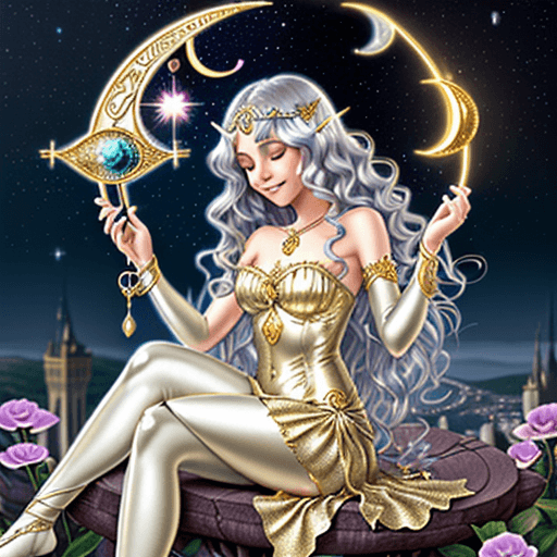 AI generated: Imagine a cheerful young fairy in a silver and gold outfit, sitting on a columbium hanging from the ...