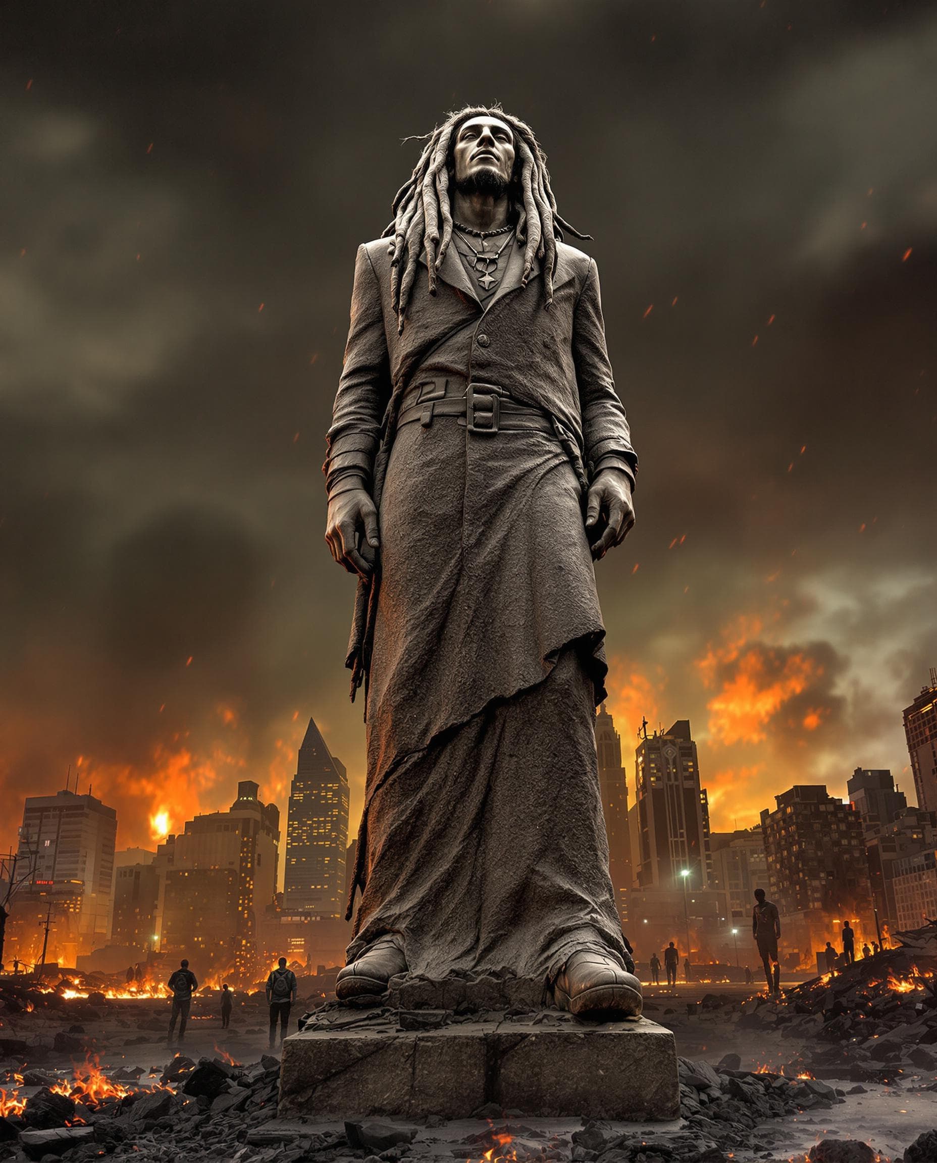 AI generated: A granite statue of Bob Marley, stands alone in a post apocalyptic city. Ash and embers fill the air...
