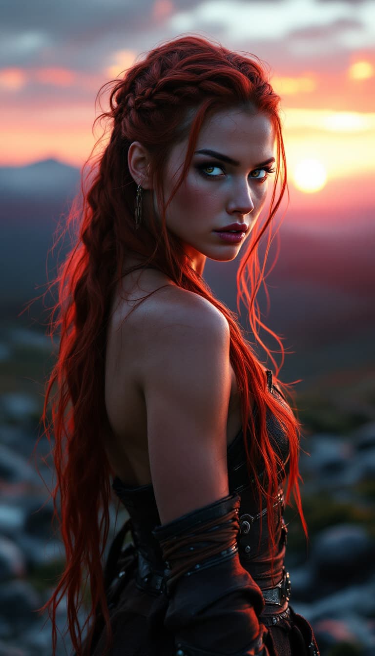 AI generated: Full length of a female Viking, turned with hyper-realistic back turned, with long red hair gathered...
