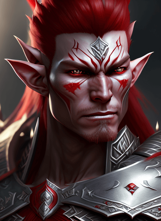 AI generated: evil male elf warrior with muscular grey skin and red hair, samurai armor, ultra realistic, concept ...