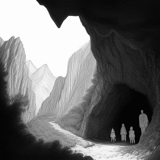 AI generated: Luz and Inti arriving at a hidden cave in the mountains. Black and white hand-drawn style, showing t...