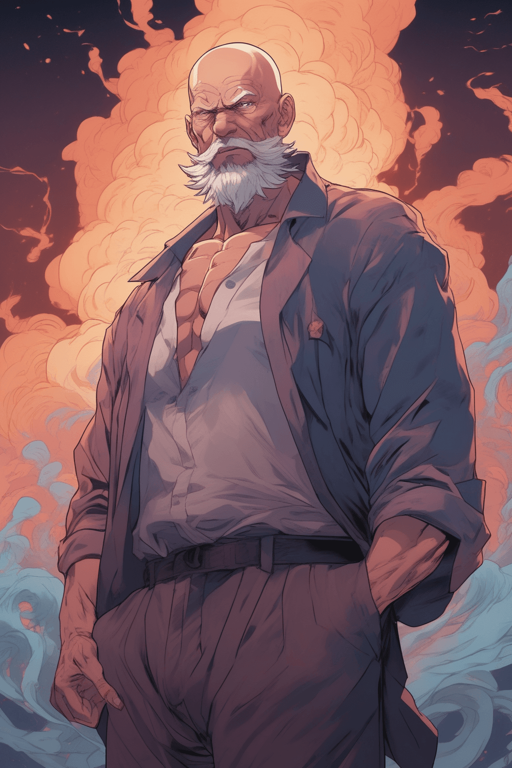 AI generated: a bald fit and muscular old man surrounded by swirling steam, an anime drawing, trending on Artstati...