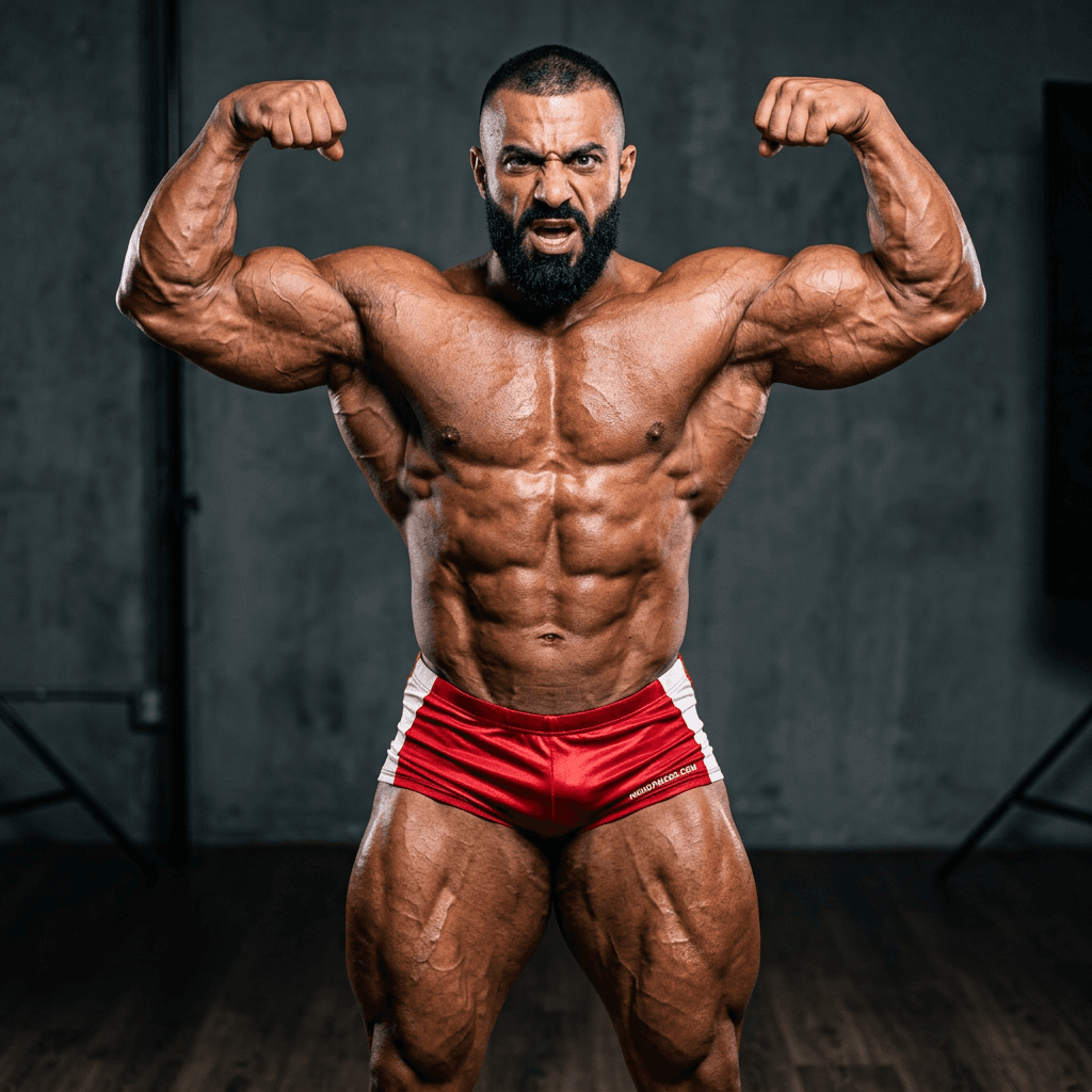 AI generated: Hyper-réaliste portrait photographique professionnel d'un bodybuilder masculin ultra-massif d'origin...
