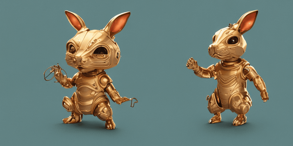 AI generated: cyborg rabbit wearing gold bronze ornament sailing smash full body clearly visible an ambient occlus...