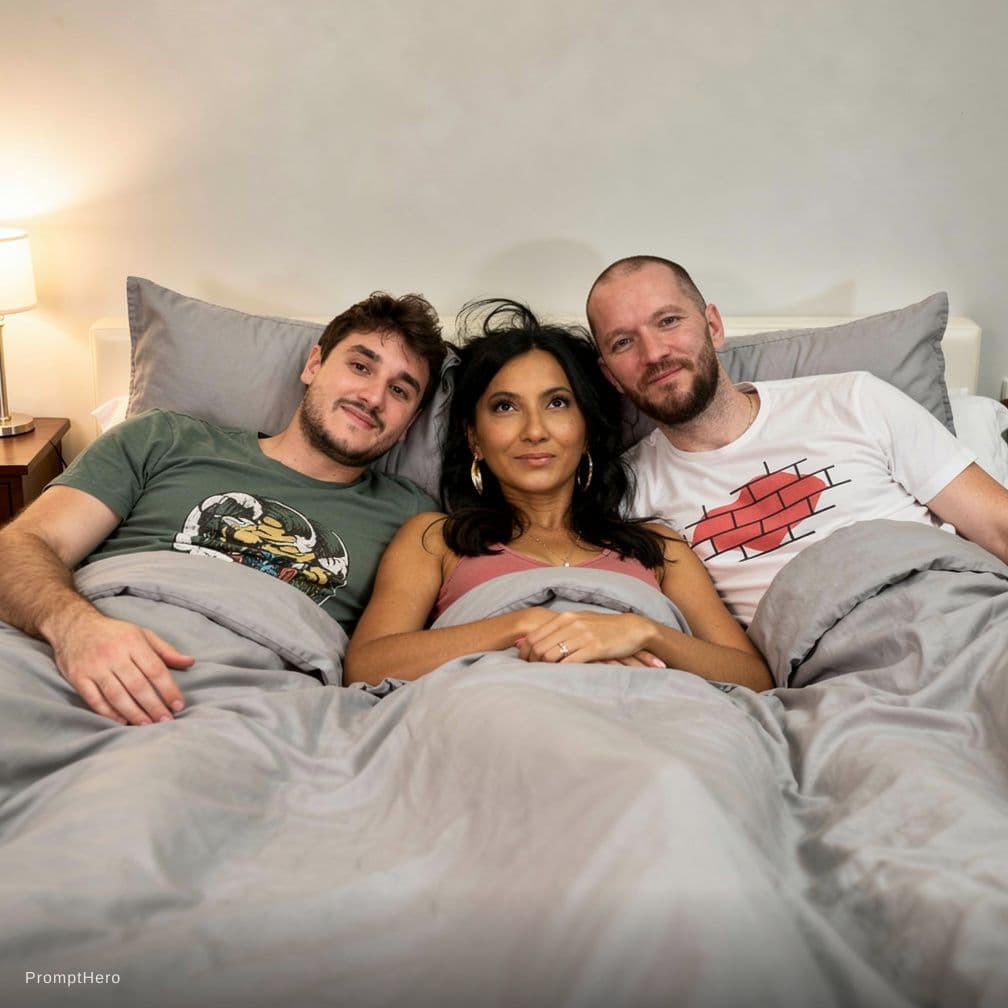 AI generated: All three people are laying together in bed. The bed has grey sheets with visible wet spots. The wom...