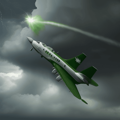 AI generated: a cat flying using a green cap in a storm sky, with a jet plane