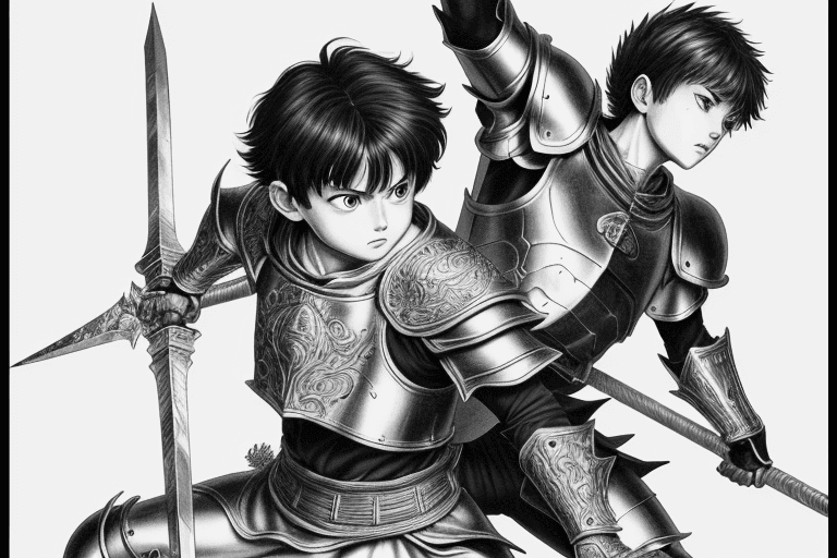 AI generated: monochrome, a little boy, brown hair with tuft, in golden armor, manga, ((without helmet)), in a fig...