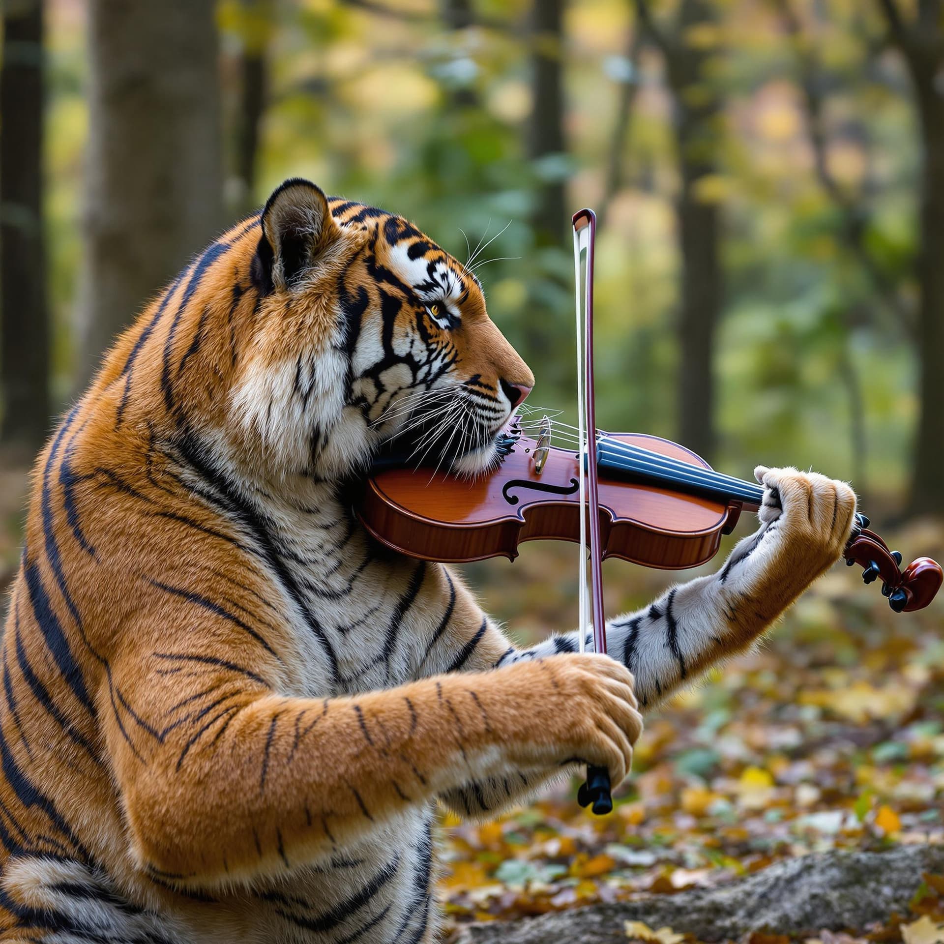 AI generated: a tiger in forest park playing violin 