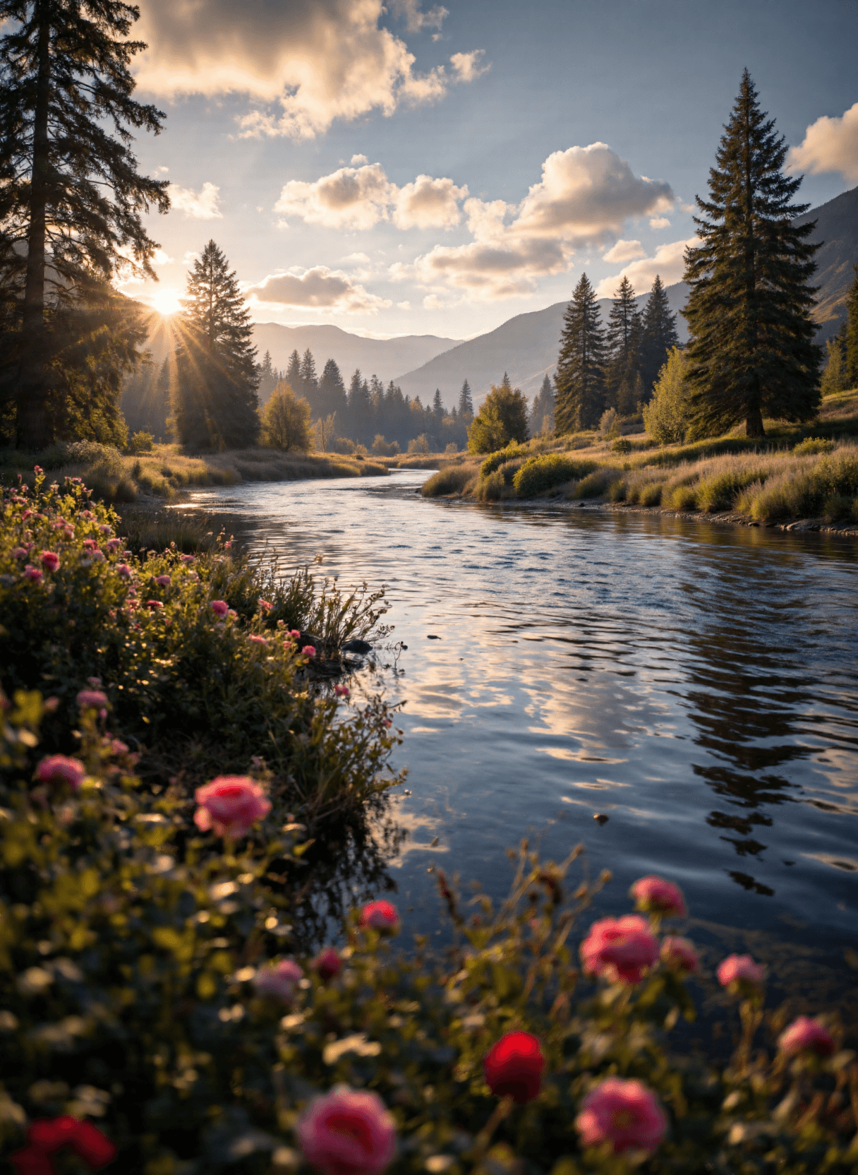 AI generated: The image depicts a serene river scene during what appears to be either sunrise or sunset, given the...