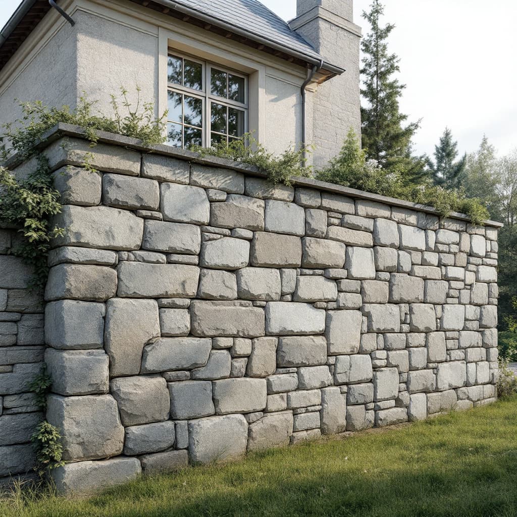 AI generated: a realistic image of irregular stone slate block  with a nice finishing on a foundation of a house
