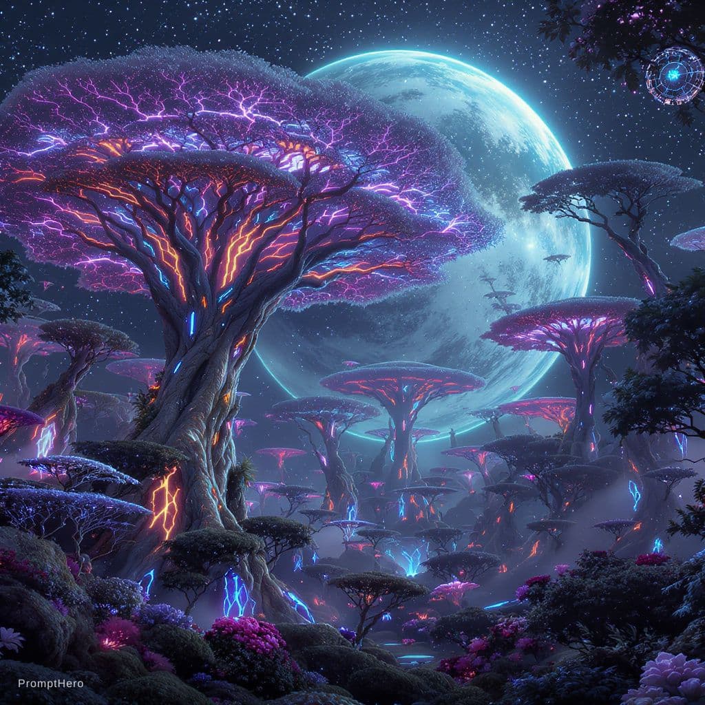 AI generated: A vertical view of an alien jungle, where massive glowing trees with purple and yellow bio-luminesce...
