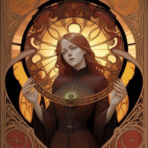 AI generated: sun rising in the sky with eyes, in the style of intricate art nouveau, dark red and light gold, ang...