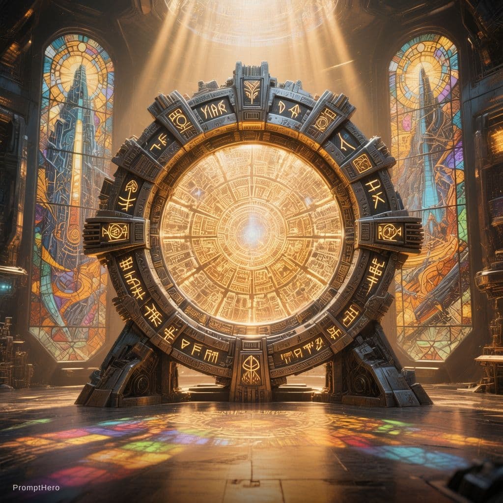 AI generated: A large, circular sci-fi portal ring embedded with glowing glyphs and ancient symbols, standing upri...