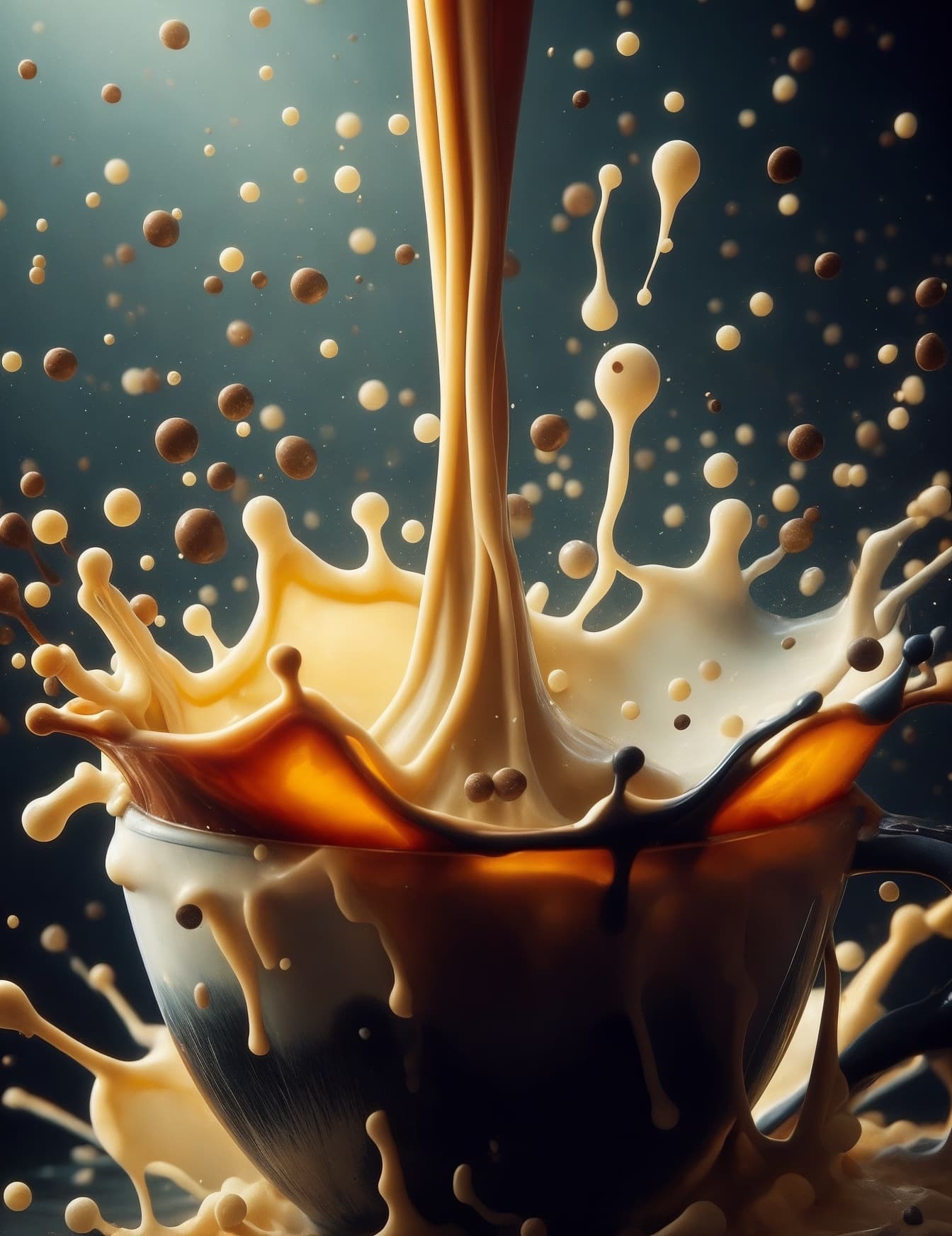 AI generated: The image skillfully freezes a moment of coffee and cream colliding in a cup. Suspended droplets and...