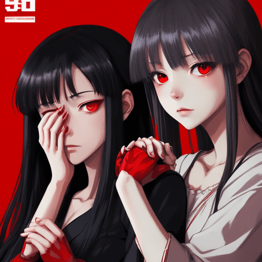 AI generated: a woman with red eyes holding her hands to her face, poster art by Gusukuma Seihō, featured on pixiv...